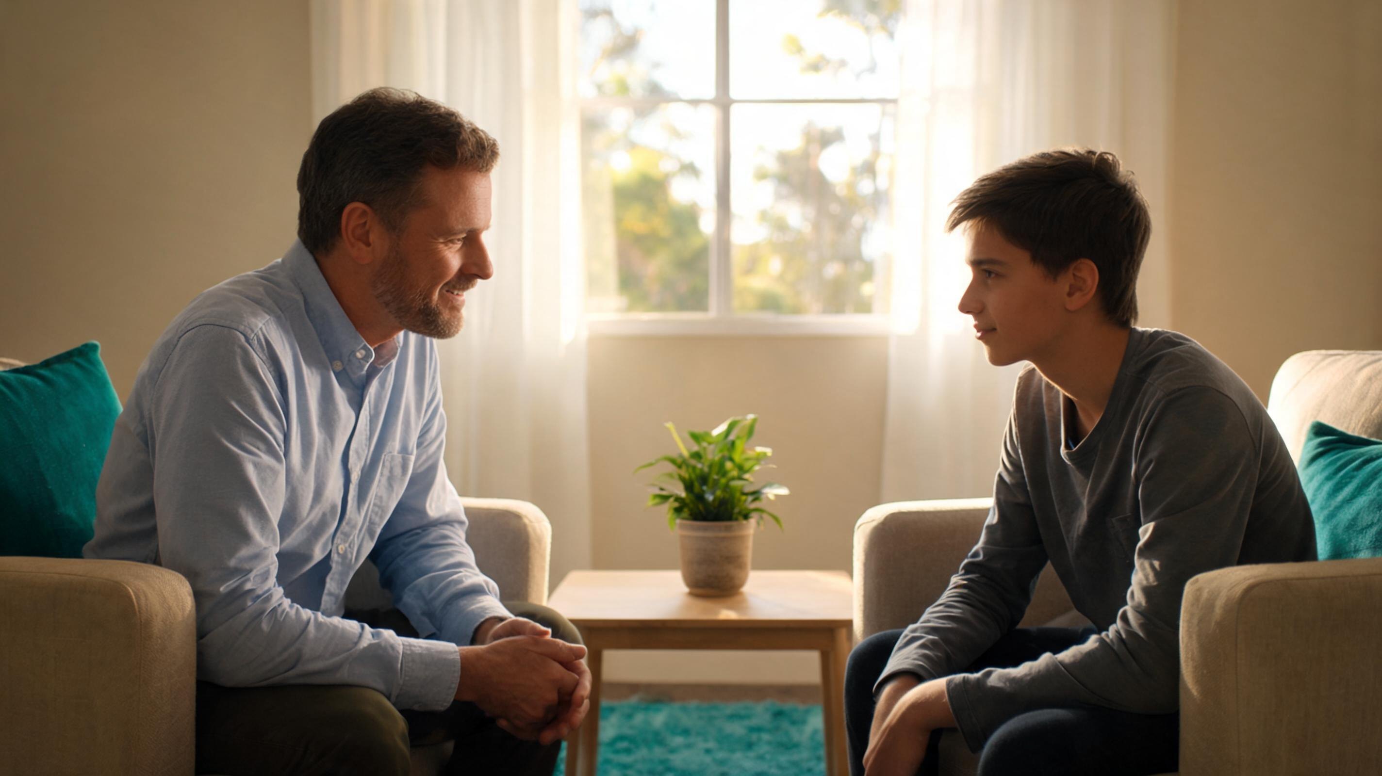 A youth worker mentoring a young person in a calm therapeutic setting