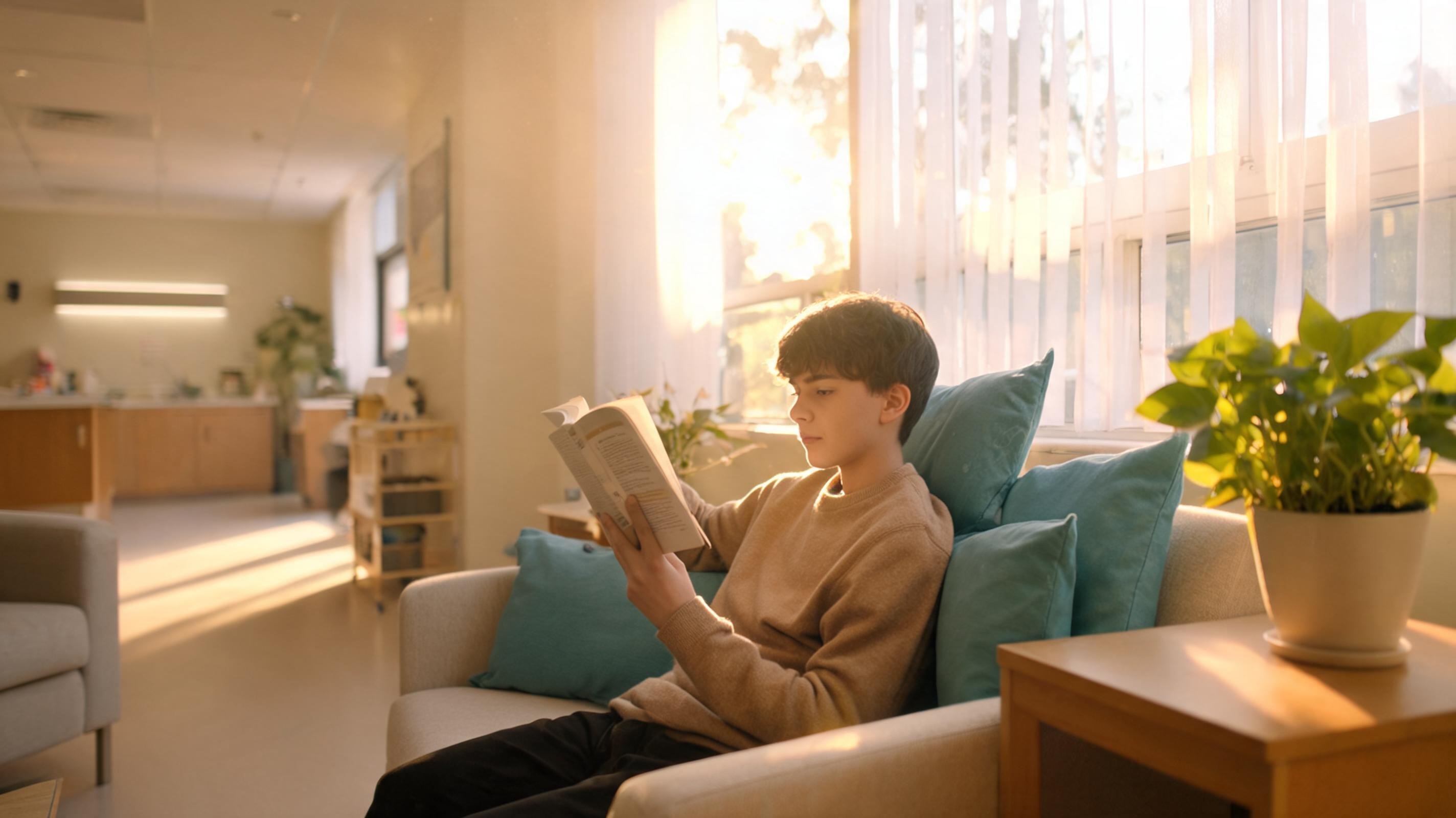 A young person reading in a safe, light-filled residential care setting in Queensland